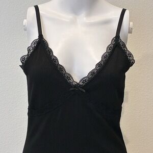 Y2K Babydoll Ribbed Tank Mini Dress Size M Black Lace Sexy Vampy Goth Witchy